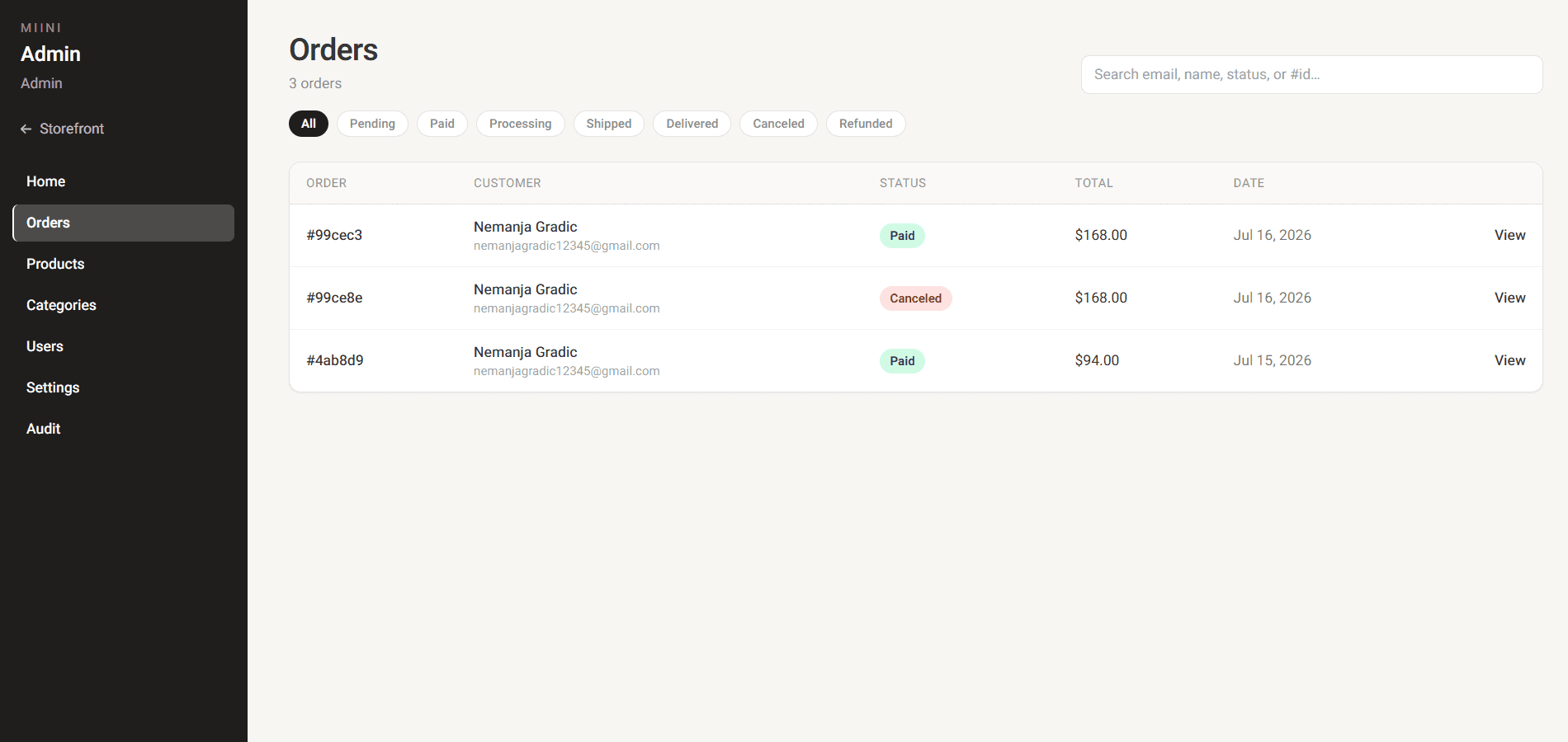 Admin orders list with status filters and view actions