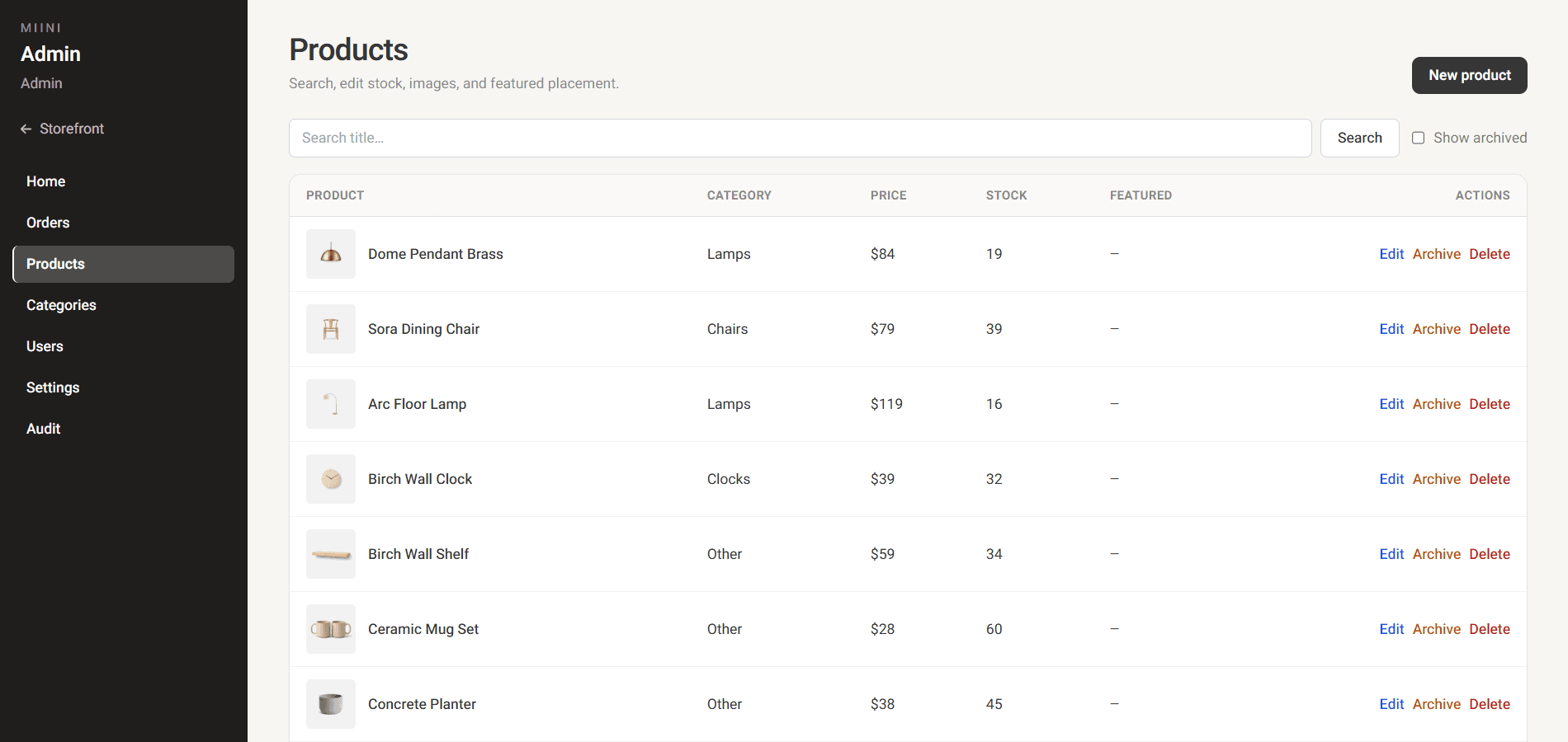 Admin products list with search, stock, and edit actions