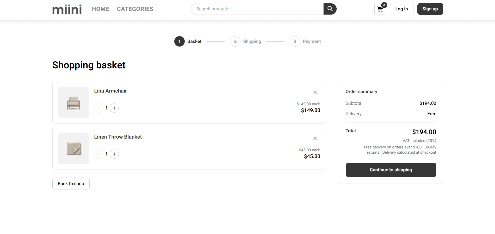 Shopping basket for a logged-out guest with Log in and Sign up actions in the header