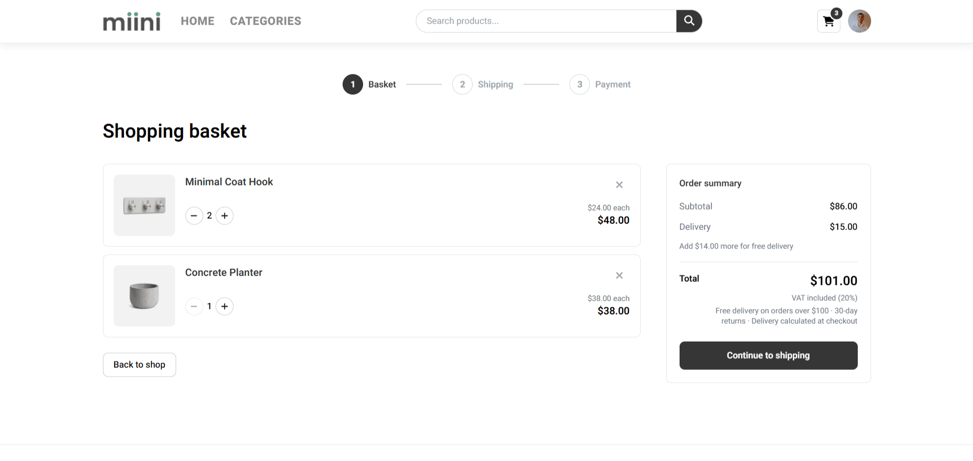Checkout basket step with order summary and continue to shipping