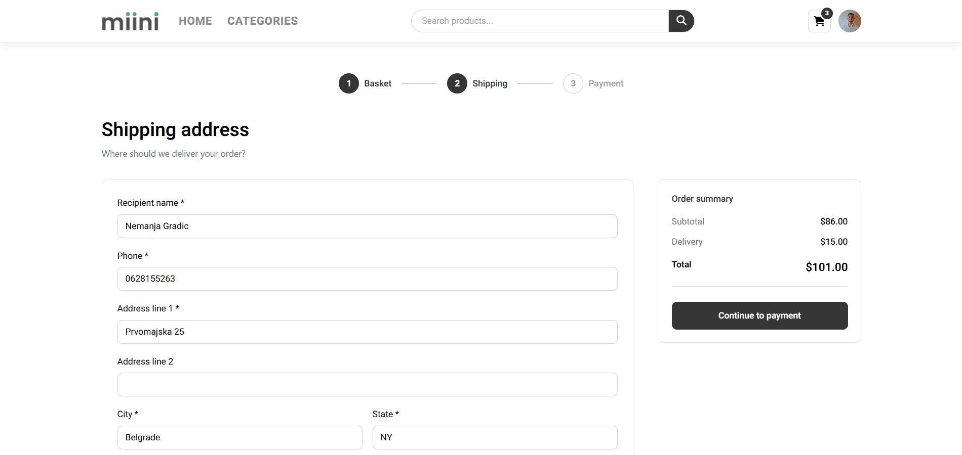 Shipping address form with order summary and continue to payment