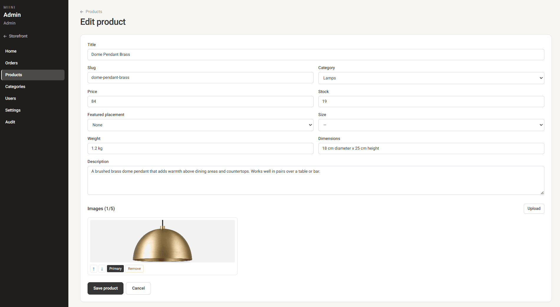 Edit product form with fields, description, and multi-image upload