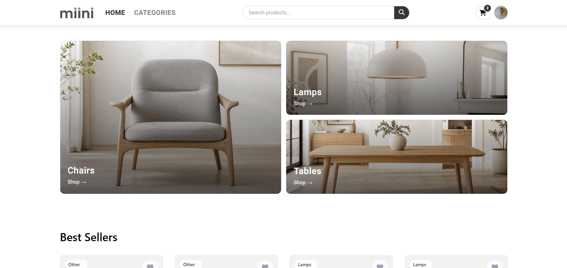 Miini storefront homepage with category highlights for chairs, lamps, and tables