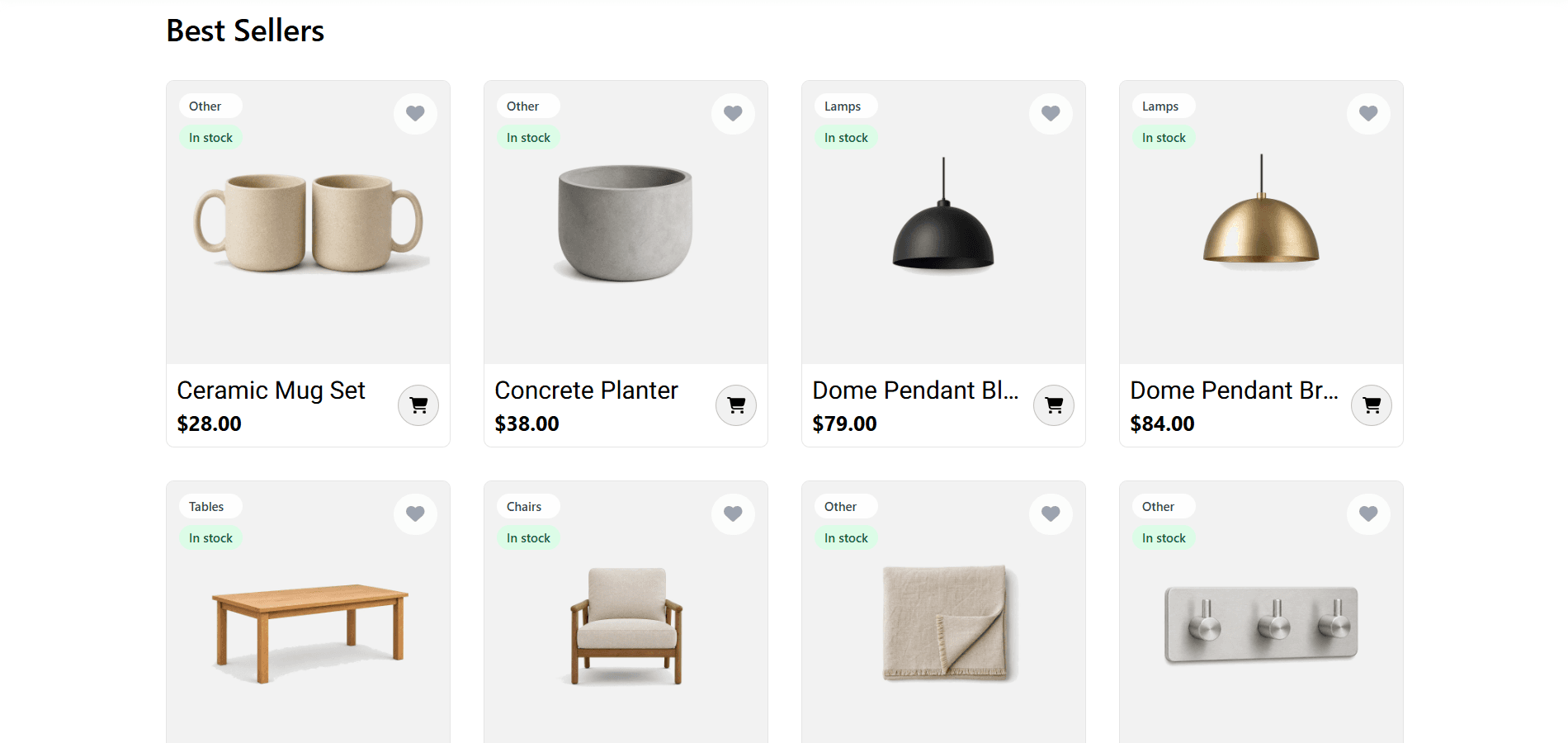 Best sellers product grid on the Miini storefront
