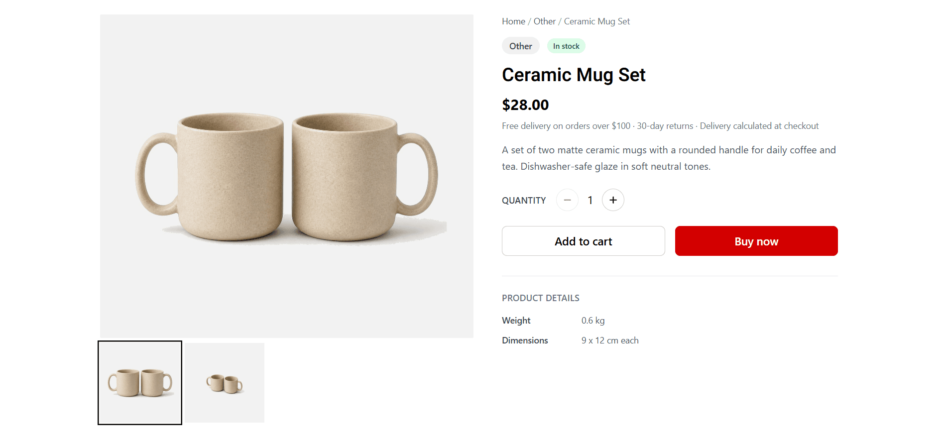 Product detail page with gallery, quantity selector, and add to cart