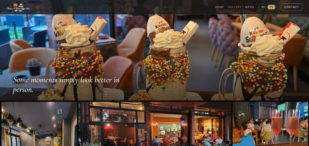 Gallery page with three Monster Shakes and photos of the café