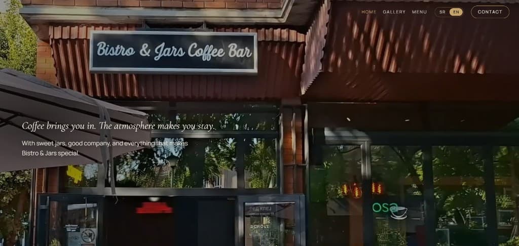 Bistro & Jars homepage with the café storefront and the line Coffee brings you in