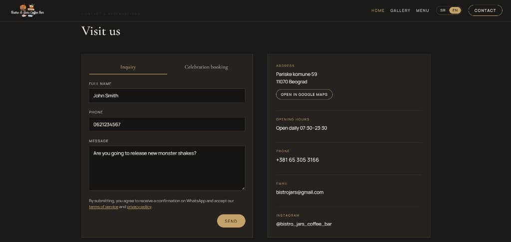 Visit us page on the inquiry path, with name, phone and message fields