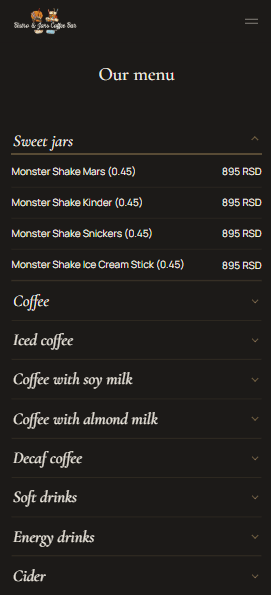 Mobile menu with Sweet jars open and the other drink categories listed below