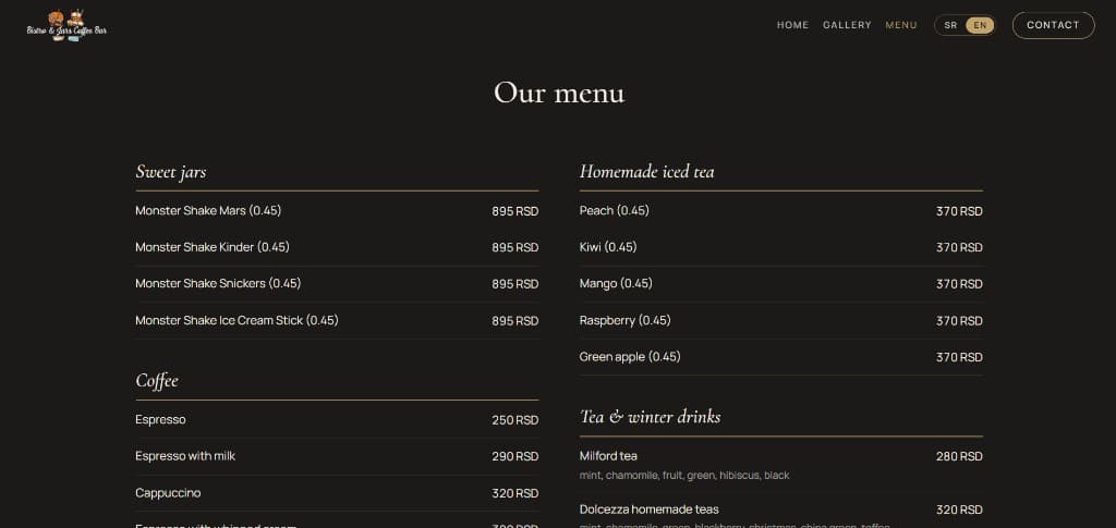 Desktop menu with Sweet jars and Homemade iced tea, prices in RSD