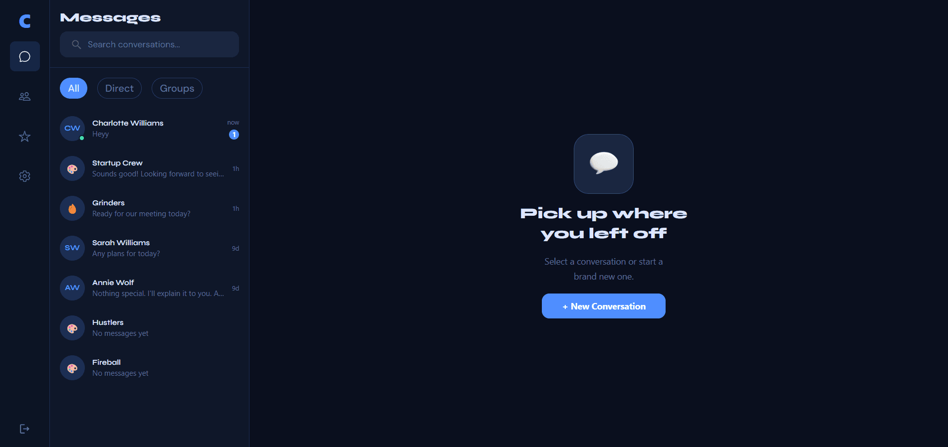 ChatFlux messages list with search, All Direct Groups filters and conversation previews