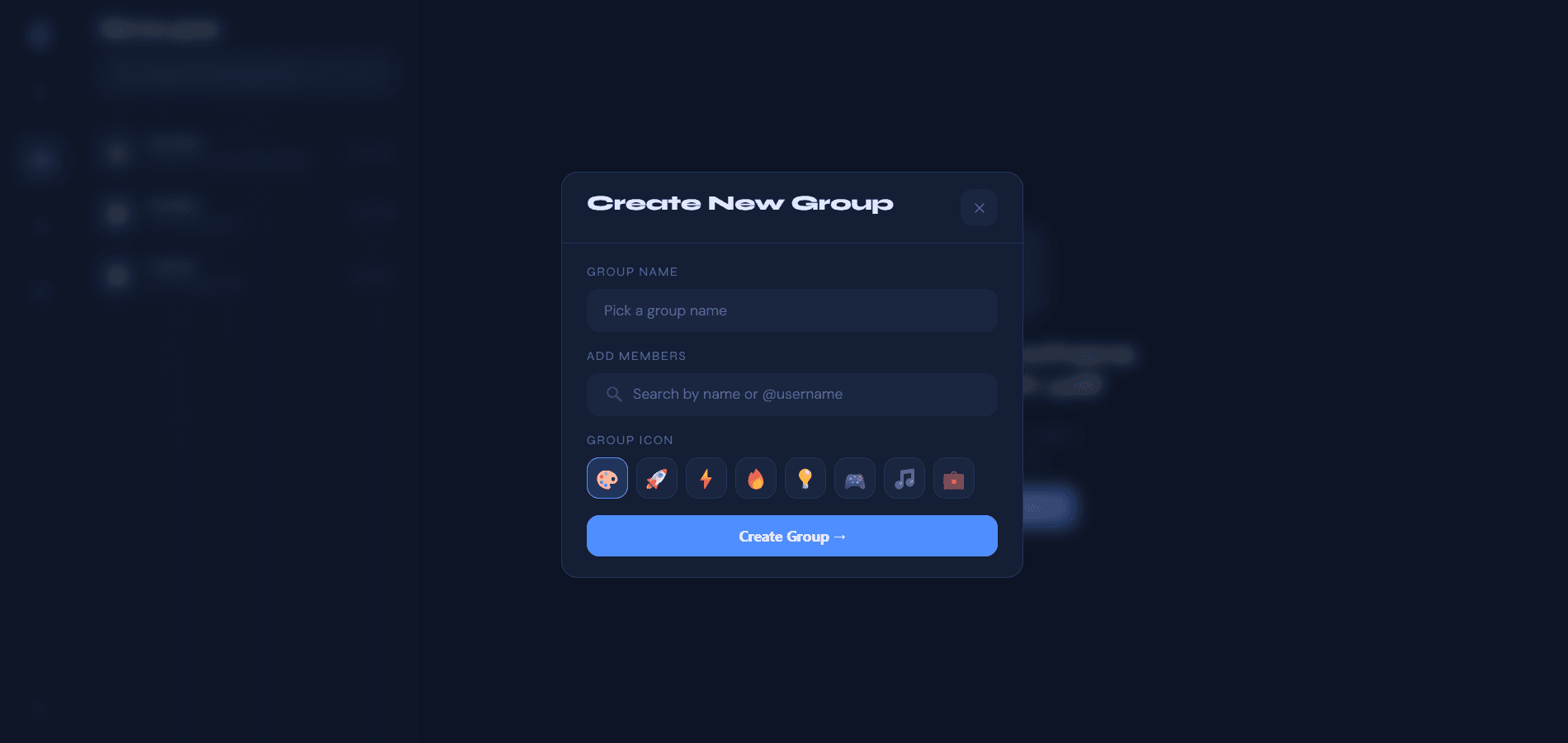 Create group dialog with name, emoji icon and member picker