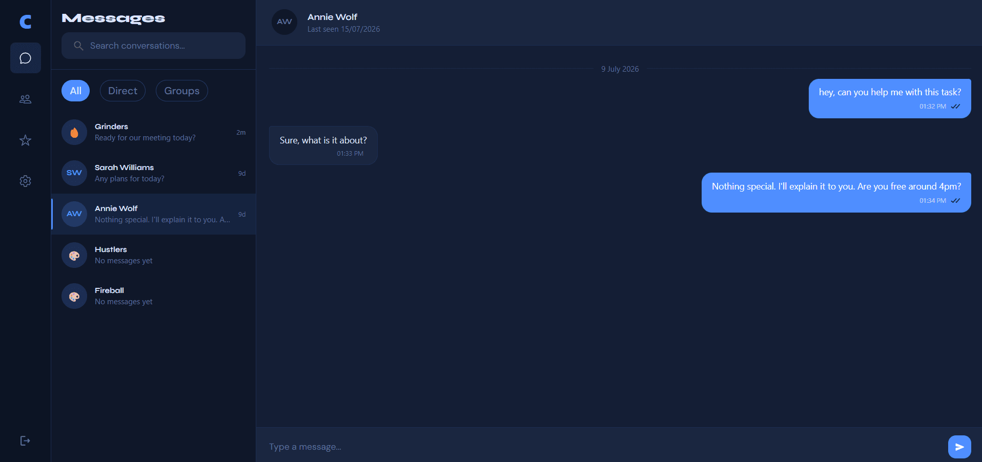 Direct chat thread with date labels and read receipt checkmarks