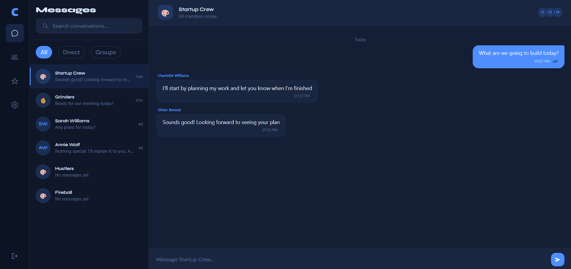 Group chat with emoji icon, member avatars and sender names on messages
