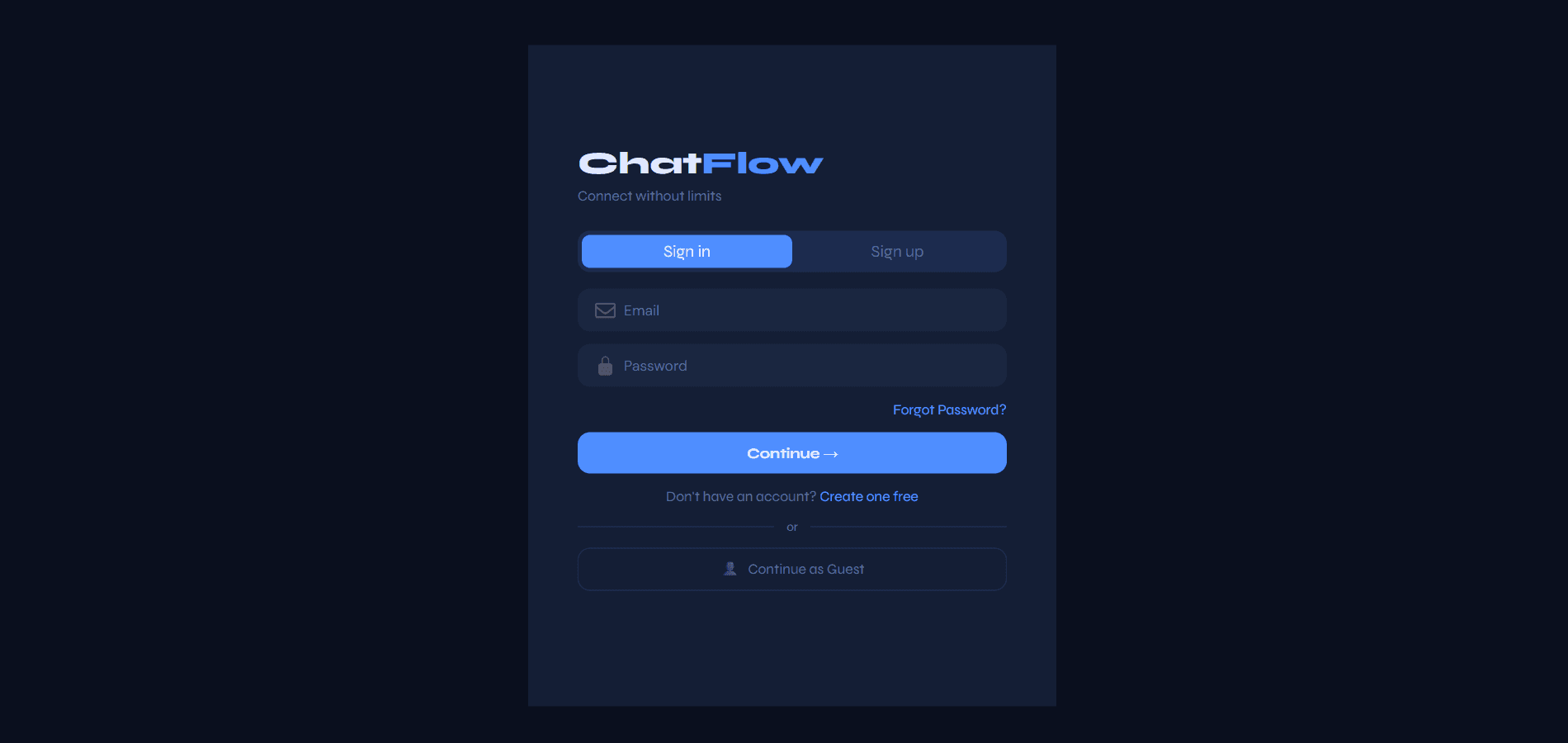 ChatFlux sign in page with email, password and Continue as Guest