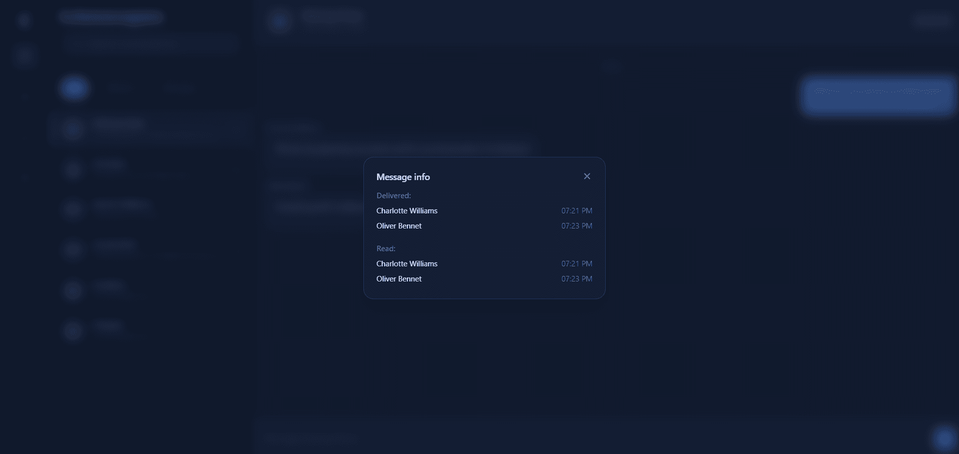 Group message info modal with delivered and read times for each member