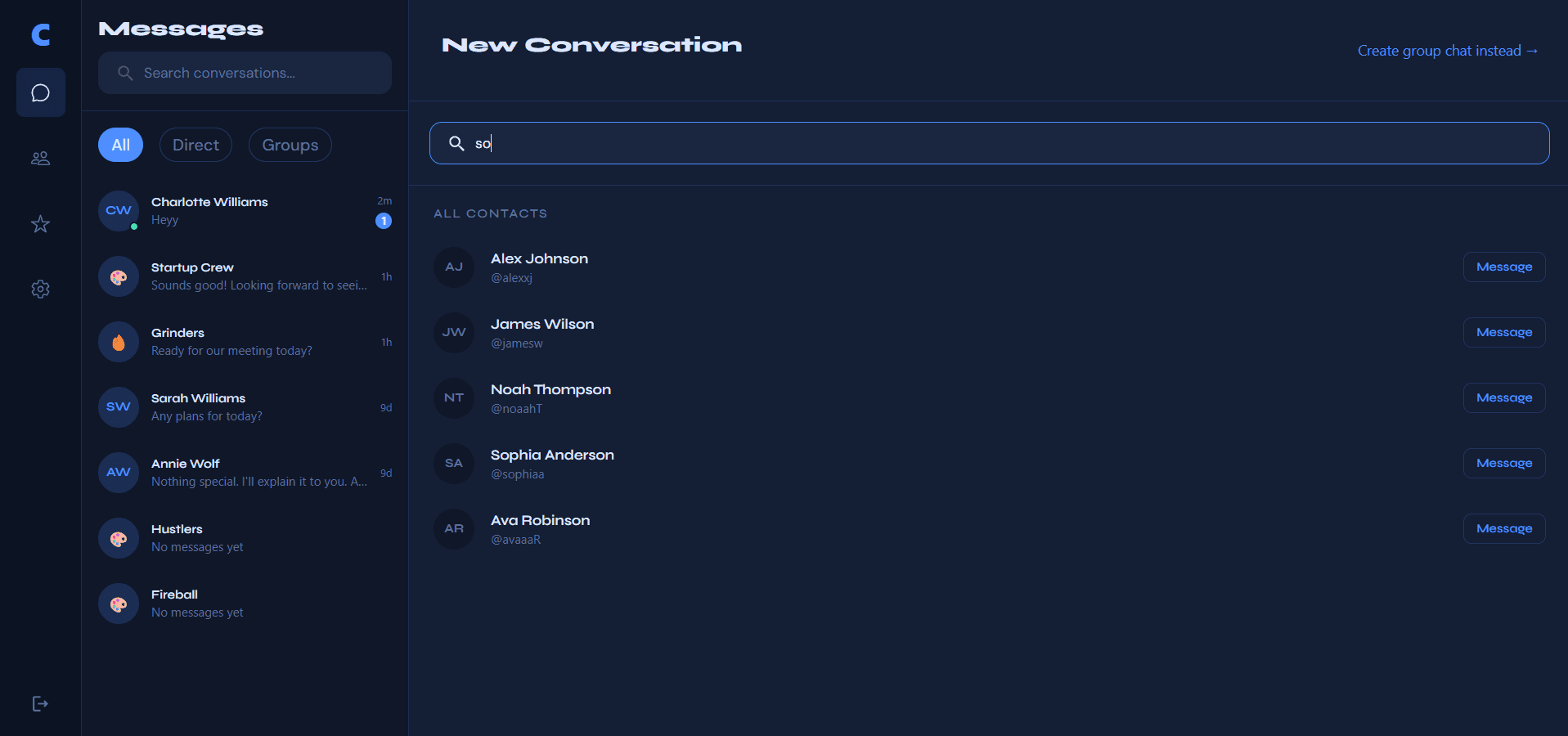 New conversation user search to start a direct chat