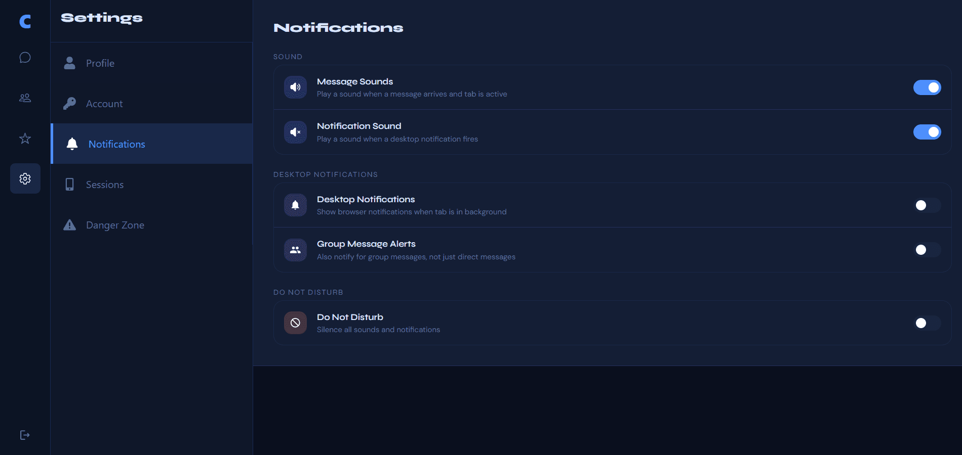 Notification settings for sounds, desktop push, group alerts and do not disturb