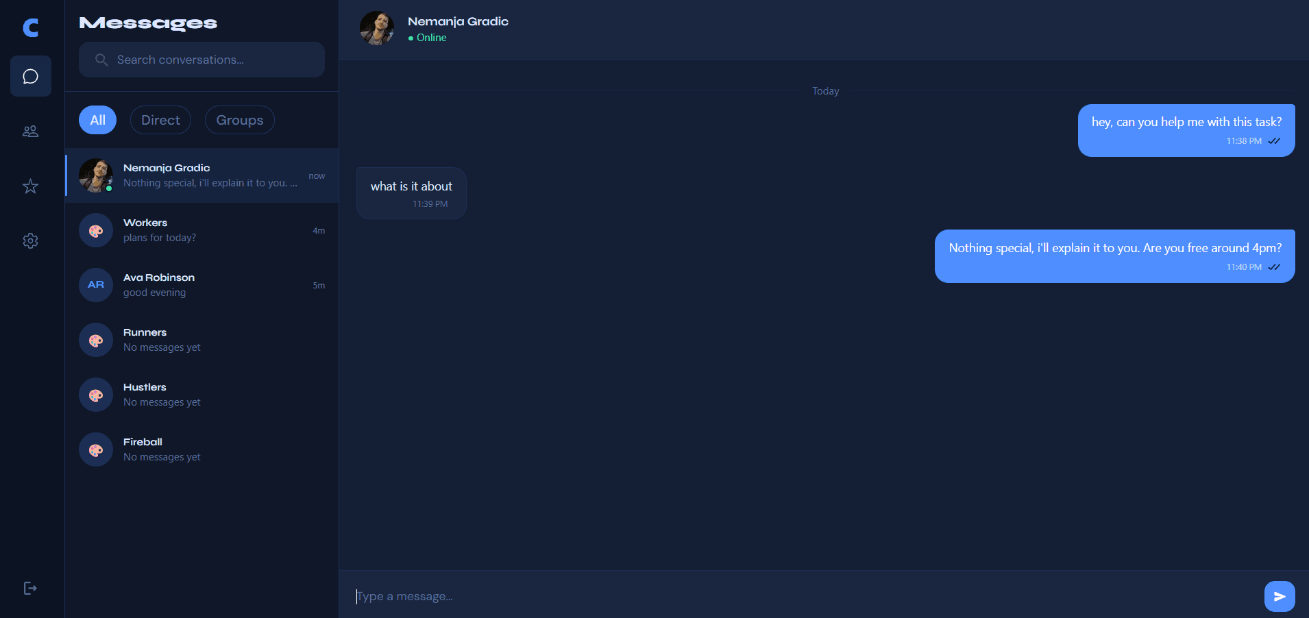 ChatFlux desktop app with conversation list, online presence and an open direct chat with read receipts