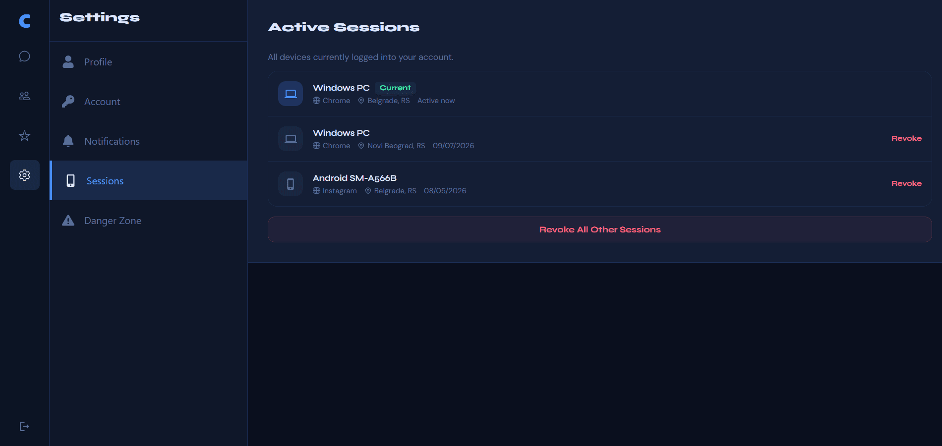 Active sessions list with device details, locations, current session badge and revoke actions