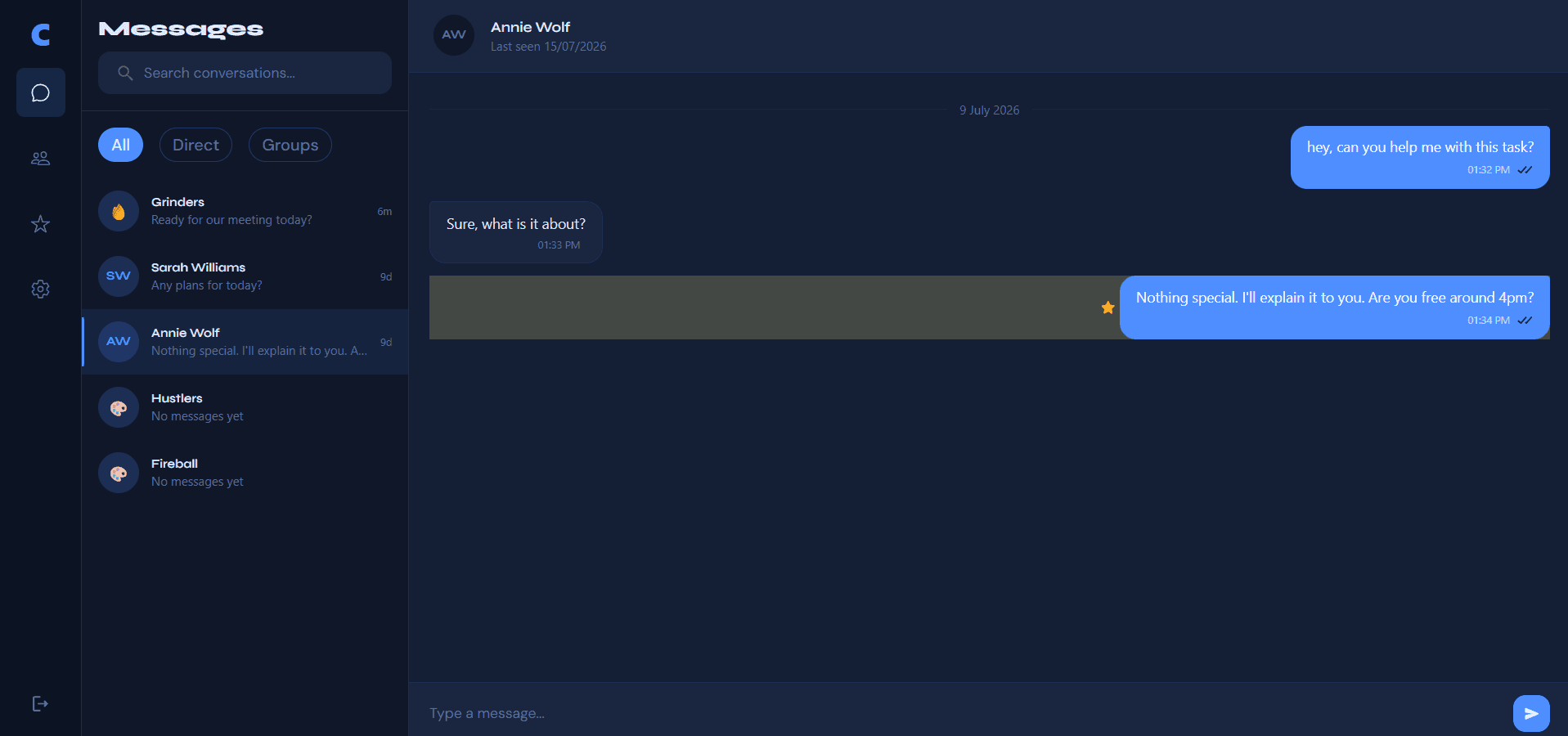 Chat scrolled to a starred message with highlight for easy identification