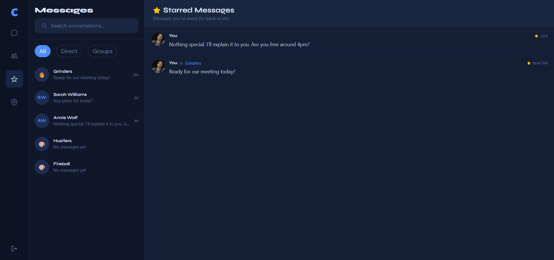 Starred messages page listing saved messages across conversations