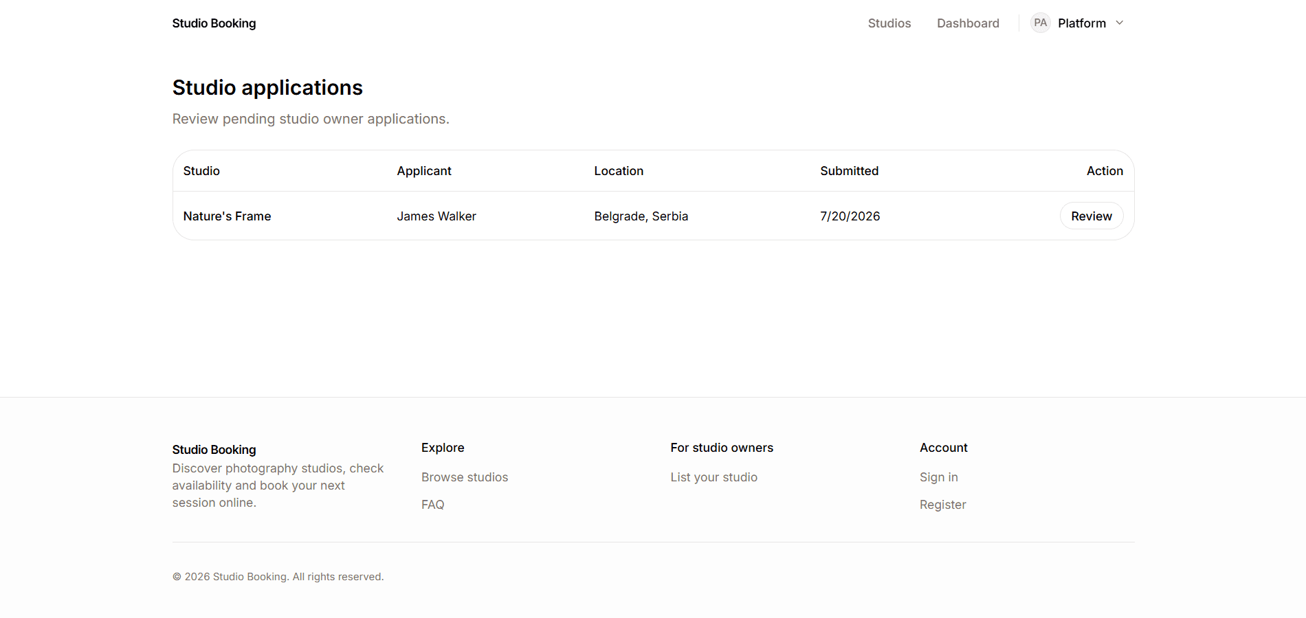 Admin studio applications queue with pending application and Review action