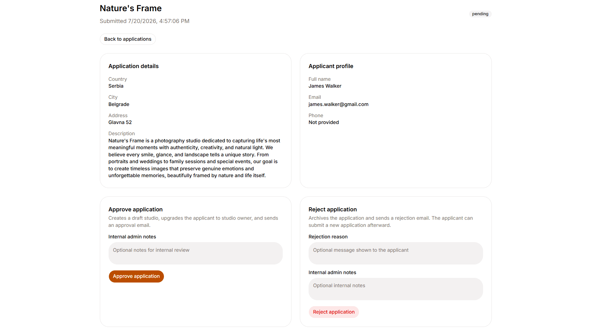 Admin application review with approve and reject panels and internal notes