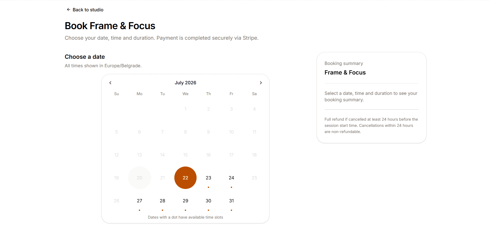 Booking calendar with available dates highlighted and booking summary sidebar