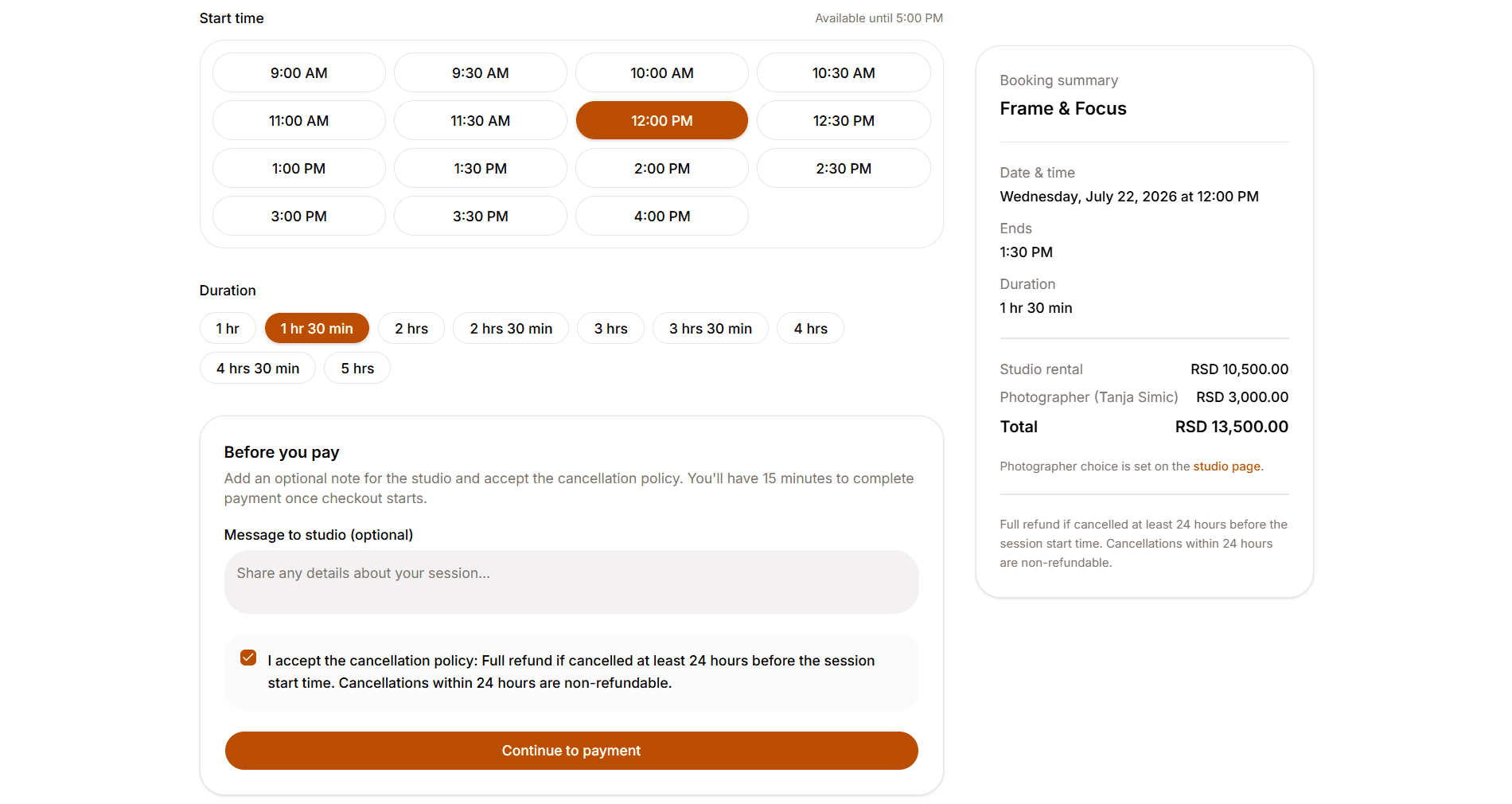 Start time and duration selection with note, terms and Continue to payment