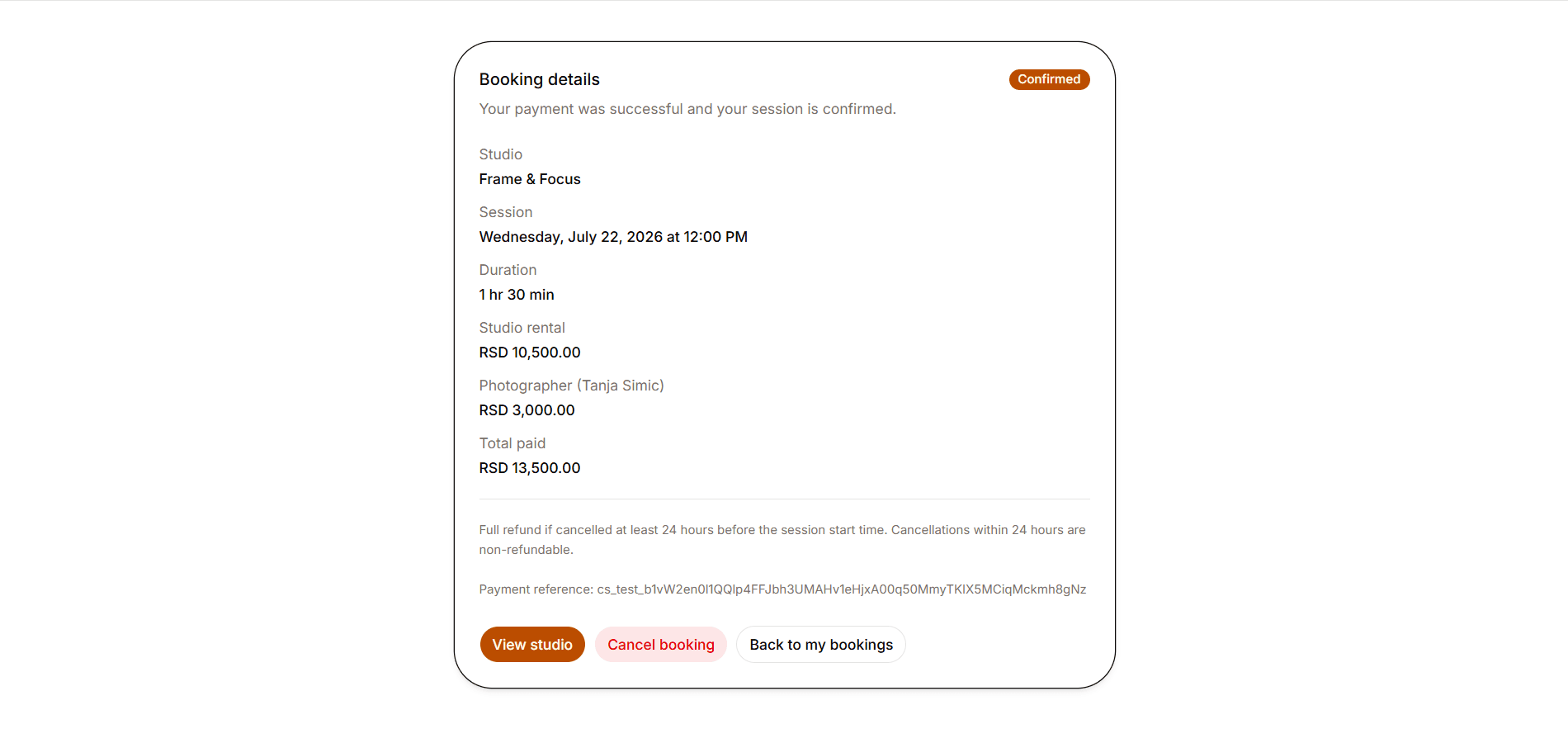 Confirmed booking details with payment breakdown and Cancel booking action