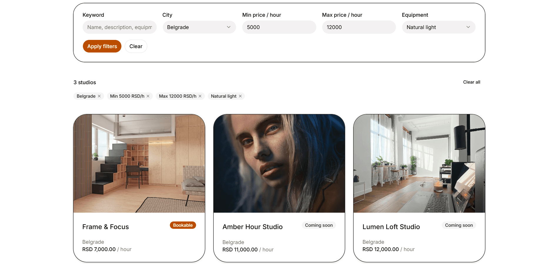 Studios browse page with filters and Bookable and Coming soon badges
