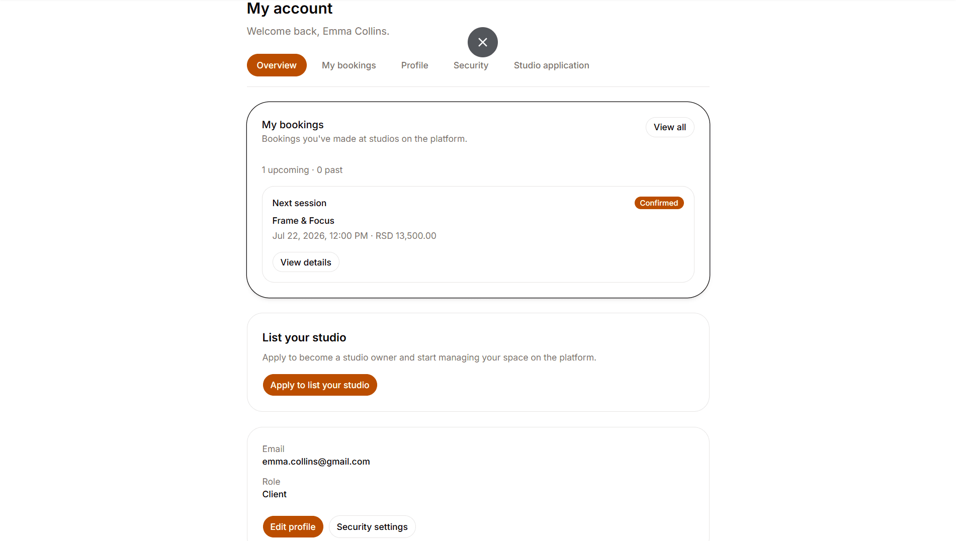 Client account overview with Apply to list your studio CTA