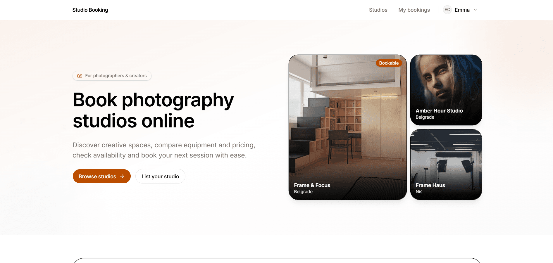 Photography Studio Booking landing page with hero headline and studio preview cards