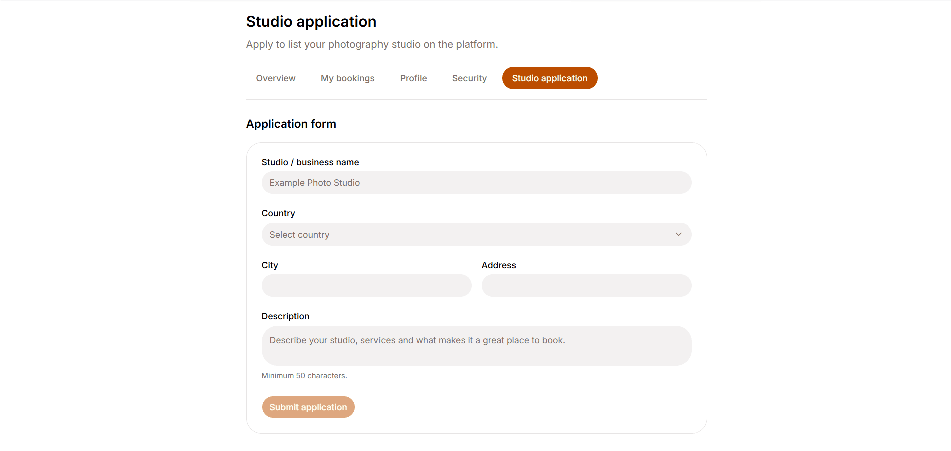 Studio owner application form with name, country, city, address and description