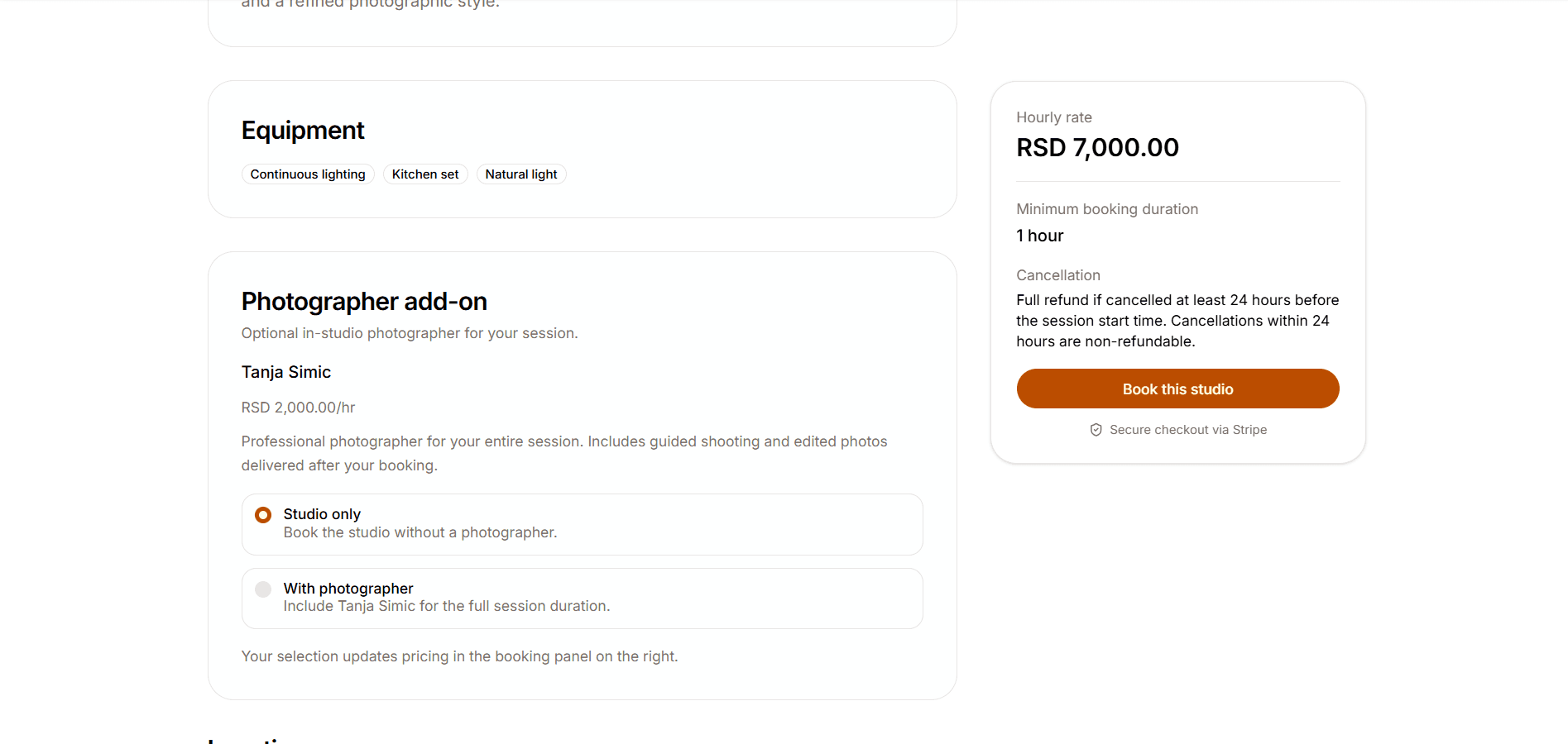 Bookable studio detail with photographer add-on options and Book this studio CTA