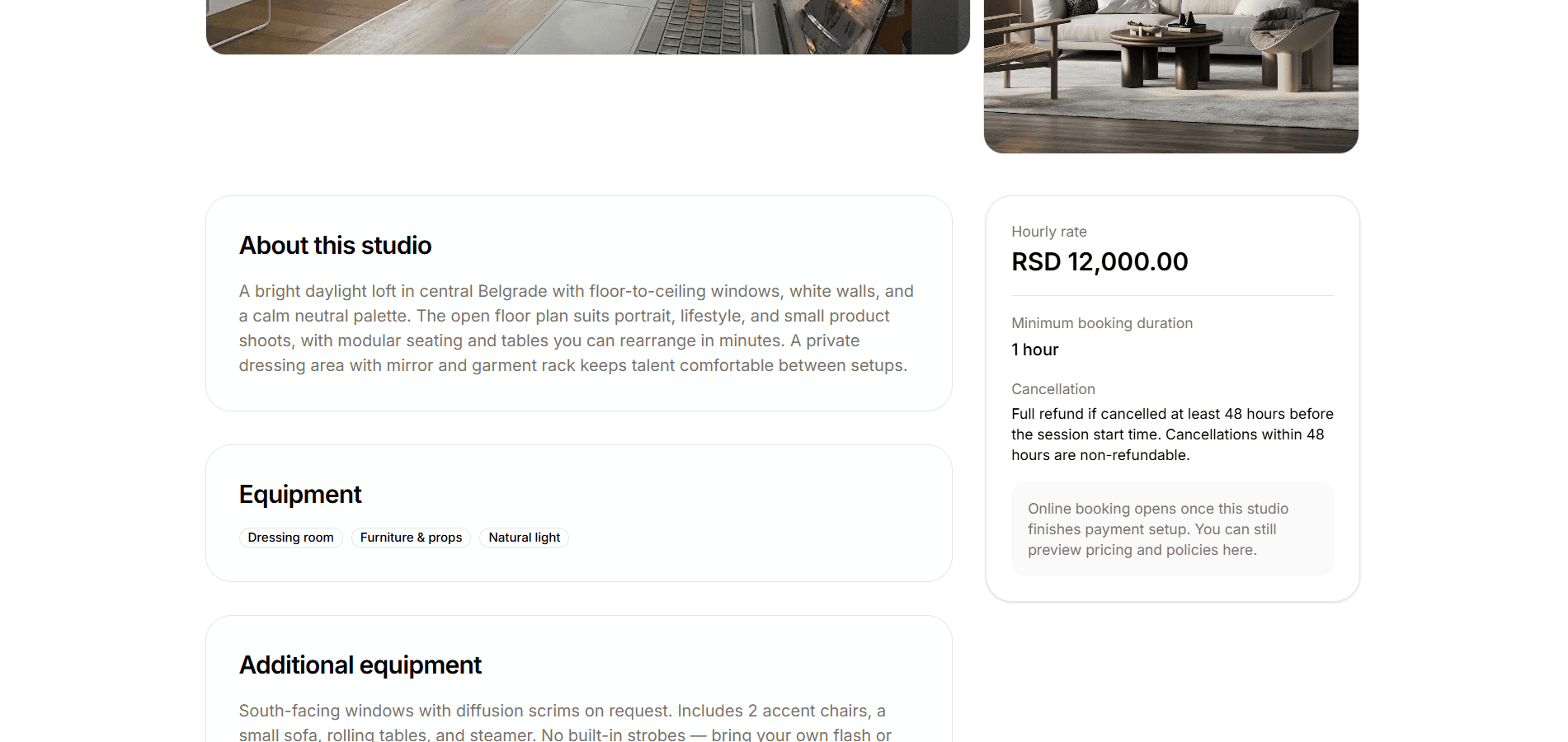 Coming soon studio detail with pricing preview and booking gated until payment setup