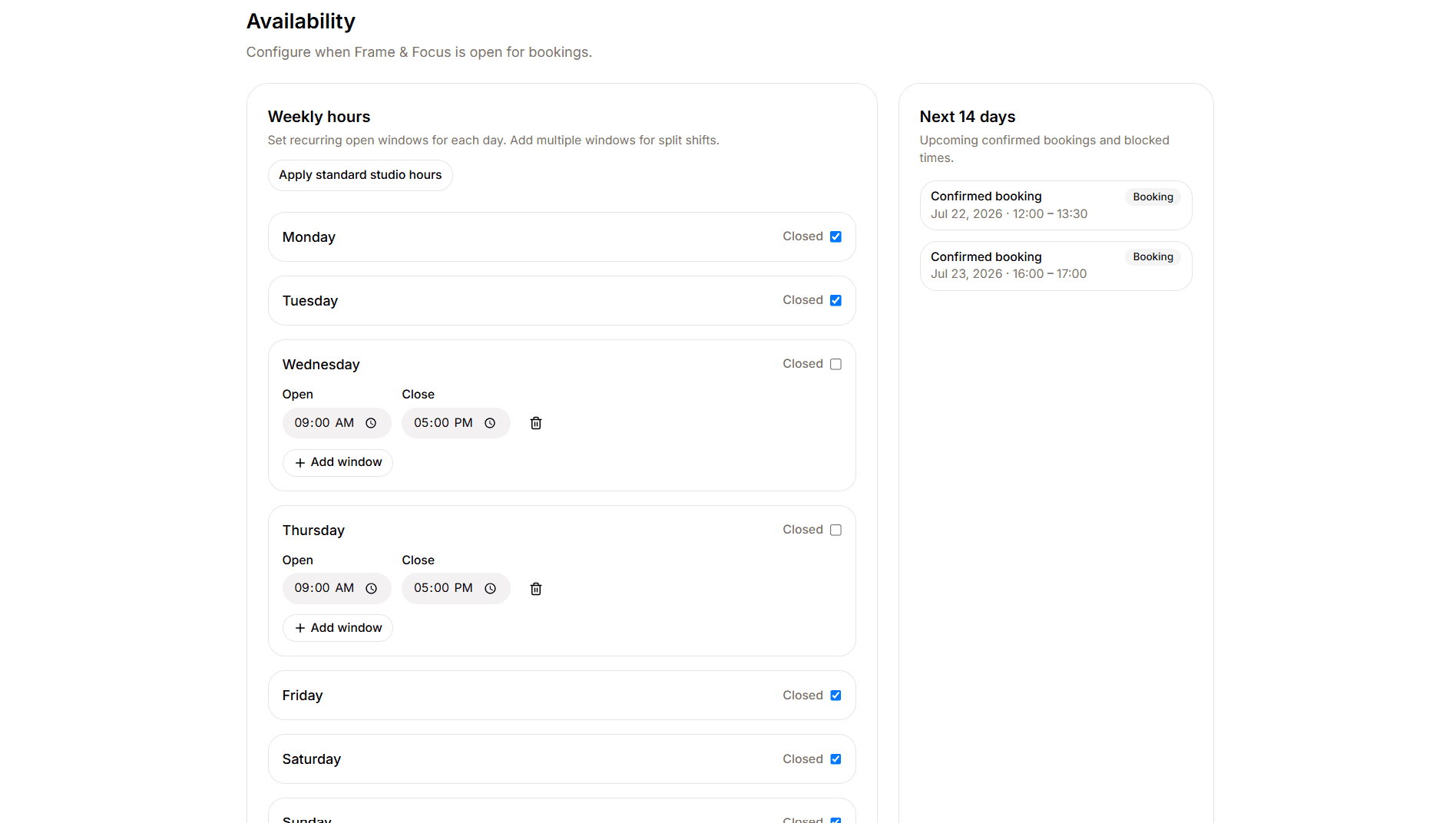 Weekly hours editor with open windows and next 14 days booking sidebar