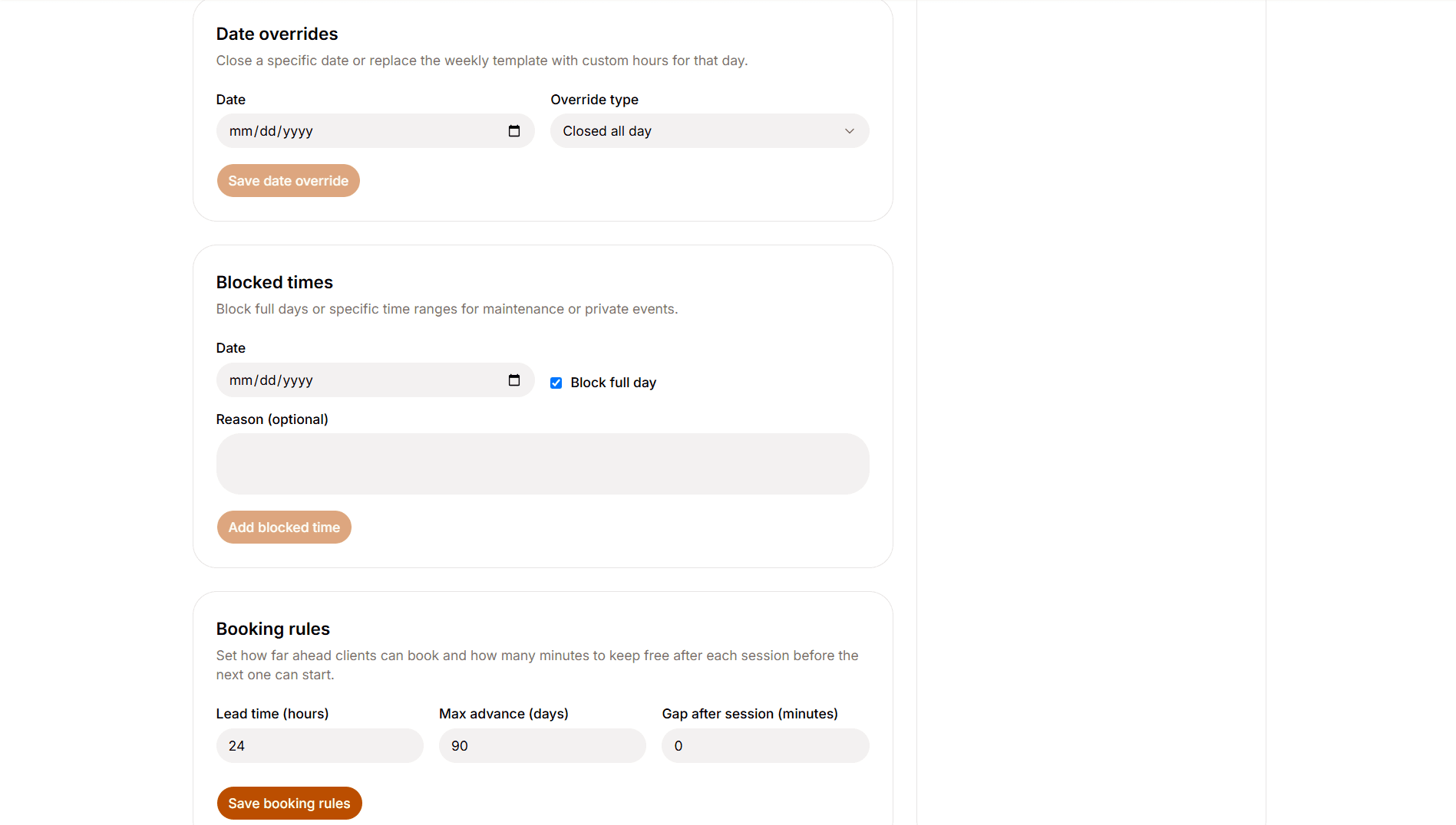 Date overrides, blocked times and booking rules for lead time and buffer