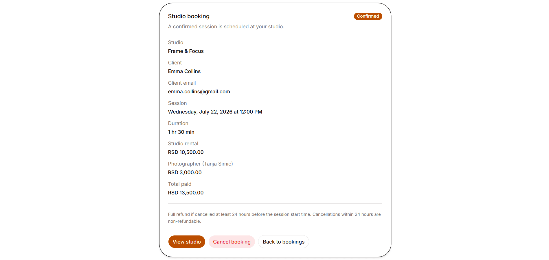 Owner booking detail with client email, line items and Cancel booking