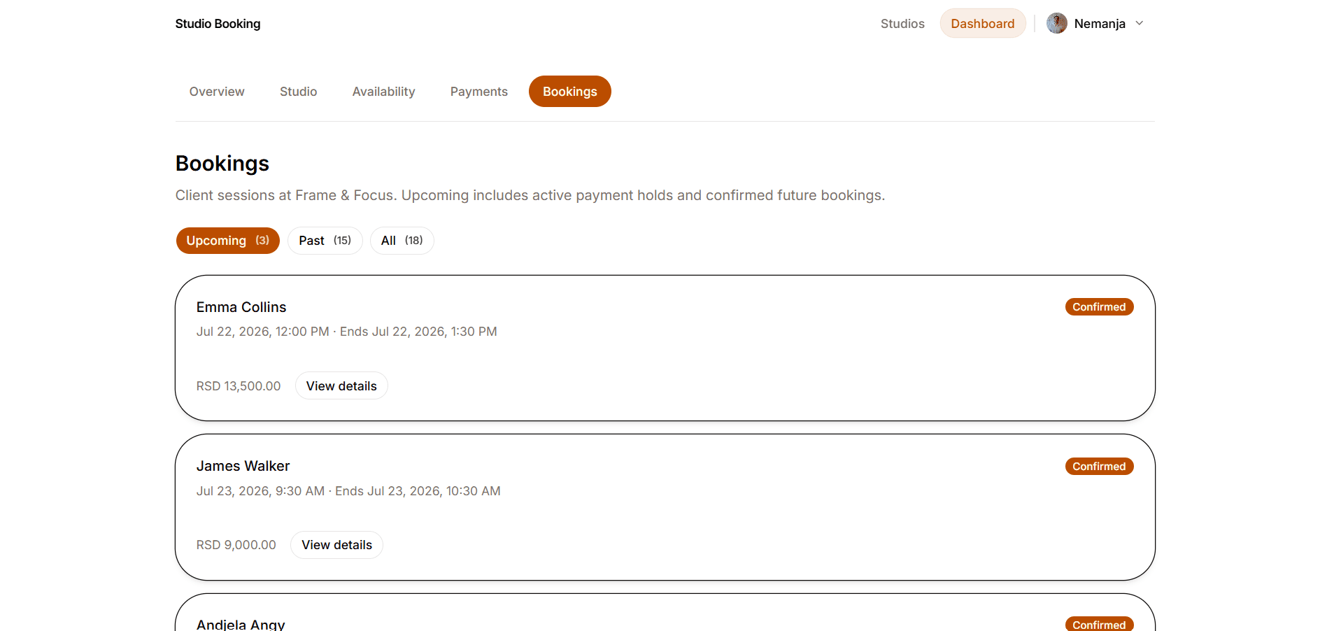 Owner bookings list with Upcoming filter and confirmed client sessions