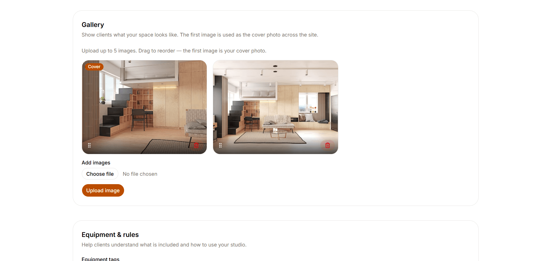 Owner gallery manager with cover badge, reorder handles and upload controls