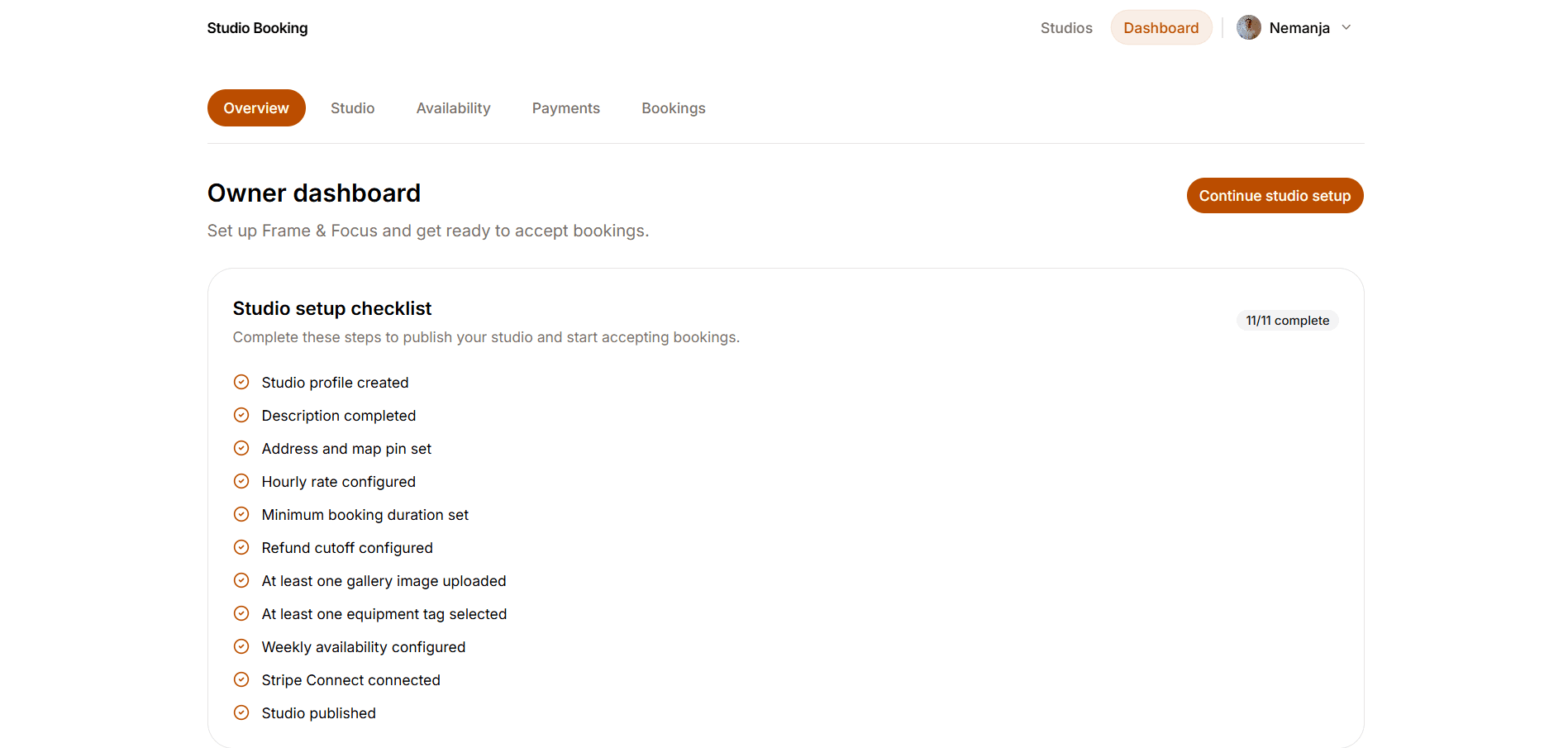 Owner dashboard studio setup checklist with all steps complete