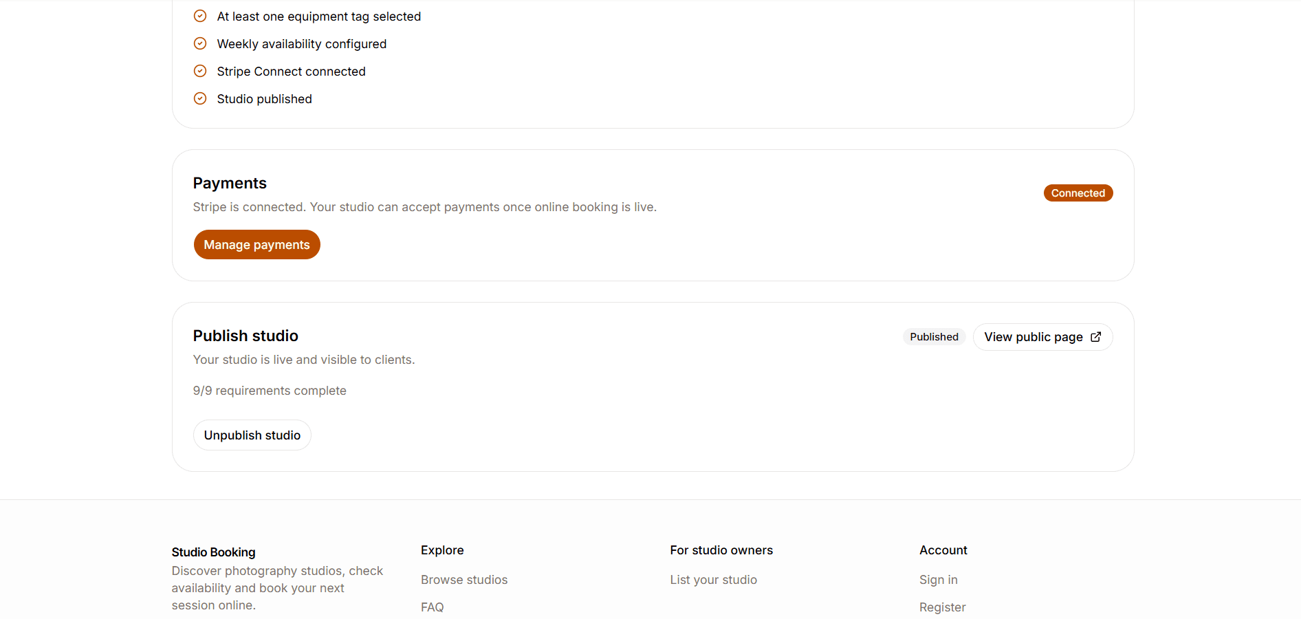 Owner payments Connected status and Publish studio controls with Unpublish