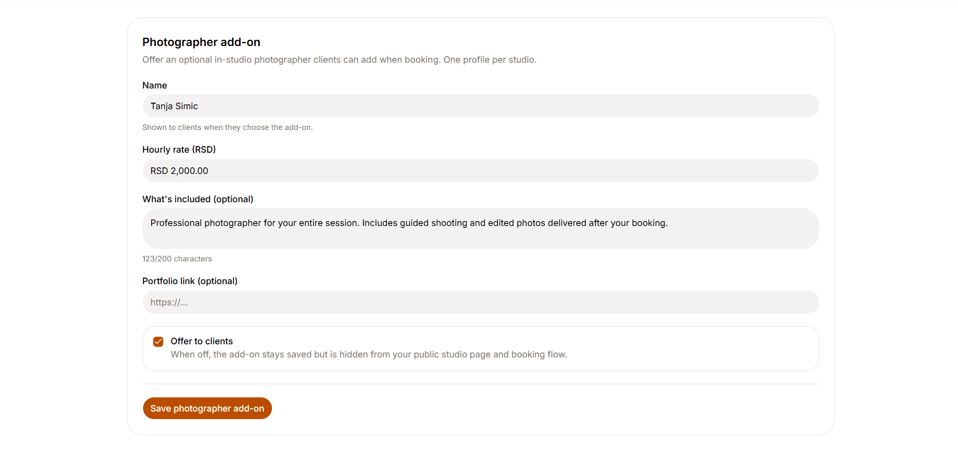 Photographer add-on form with name, hourly rate, description and Offer to clients toggle